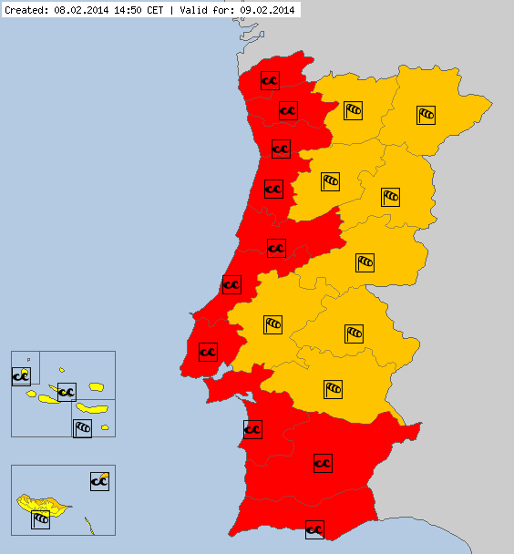 Avisos por Fenómenos Meteorológicos Adversos previstos para mañana en Portugal, por Meteoalarm.