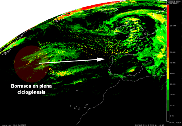 Imagen del Meteosat en combinación de visible e infrarrojo, probabilidad de precipitación asociado a nubosidad.