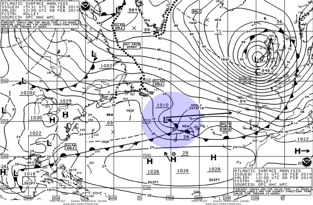 Análisis de superficie sobre el Atlántico Norte del Centro de Predicción Oceánica.