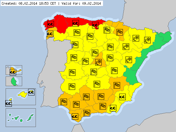 Avisos por Fenómenos Meteorológicos Adversos previstos para mañana en España, por Meteoalarm.