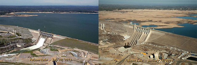 Comparativa embalse sobre el Lago Folsom, Sacramento, California, 20 julio 2011 - 15 enero 2014. Crédito: Departamento de Recursos Hídricos de California.