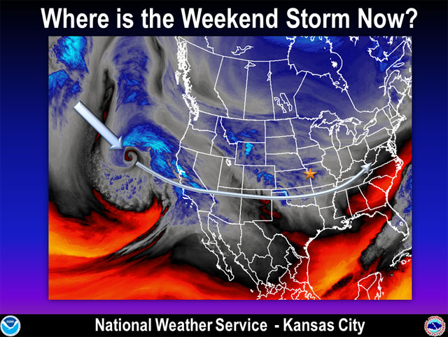 Previsión gráfica del Servicio Meteorológico Nacional - Kansas, de la llegada de una borrasca a California.