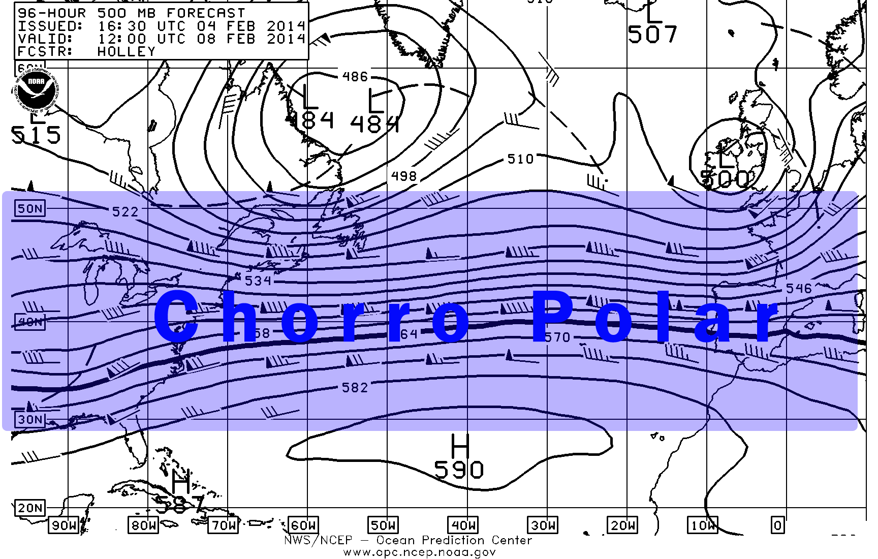 Chorro Polar a 500 hPa, en previsión del GFS para el 8 febrero 2014. Crédito: Centro de Predicción Oceánica.
