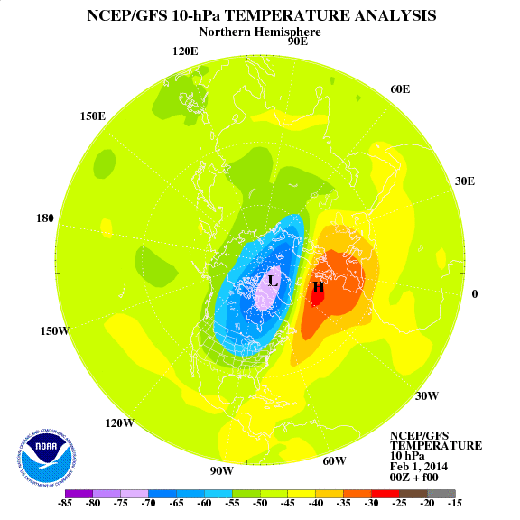 Análisis de temperatura a 10 hPa por el modelo GFS, 1 febrero a las 00 UTC. Crédito: NOAA.