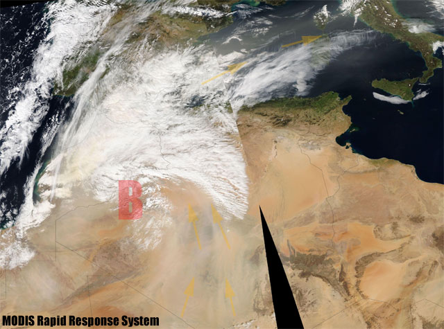Baja presión en el norte de África que ha provocado tormenta de polvo y su advección hacia la Península.