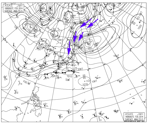 Análisis de superficie sobre el Pacífico Noroeste, Agencia de Meteorología de Japón.