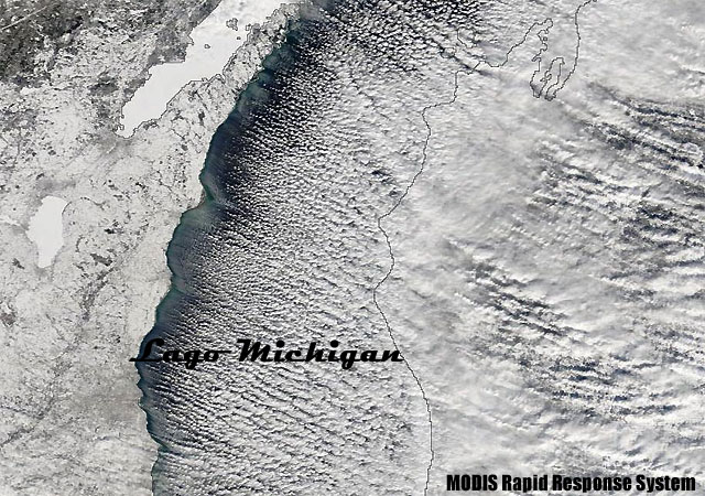 Efecto Lago sobre el Lago Michigan, 27 enero 2014. Satélite TERRA (sensor MODIS).