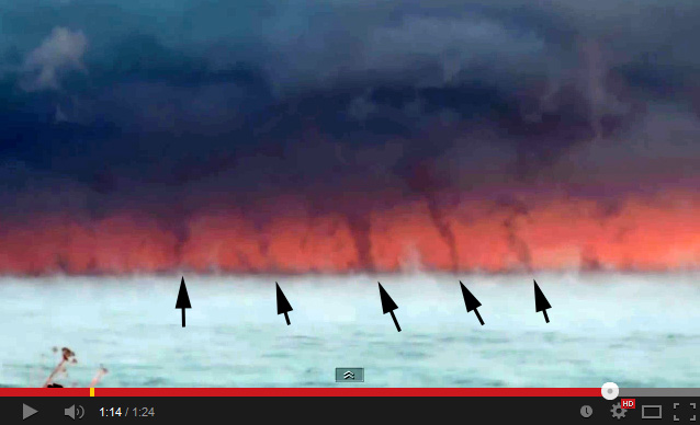 Captura de vídeo con un enjambre de mangas marinas alineadas sobre el Lago Superior.