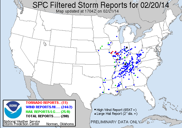 Reportes de Tormentas Filtrados, 20 febrero 2014, Centro de Predicción de Tormentas del NOAA.