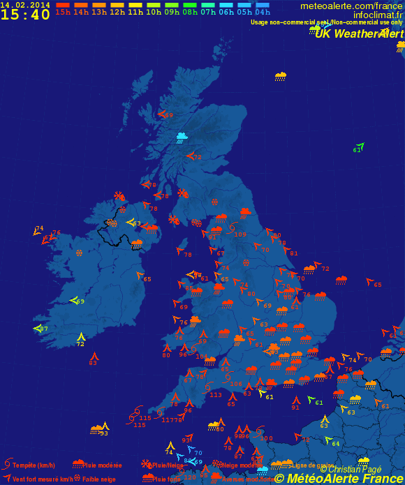 Rachas máximas de viento en las Islas Británicas.