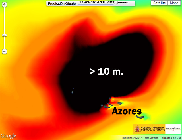 Previsión de oleaje en Azores y proximidades para mañana a las 21 UTC. Crédito: Puertos del Estado.