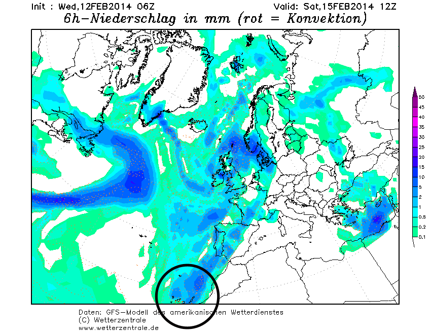 Precipitaciones acumuladas en las 6 h anteriores al 15 de febrero a las 12 UTC. Modelo GFS.