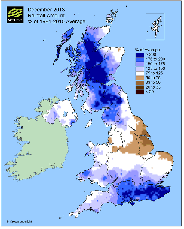Porcentaje de precipitación sobre la media 1981 - 2010 durante diciembre 2013.