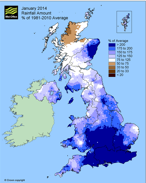 Porcentaje de precipitación sobre la media 1981 - 2010 durante enero 2014.