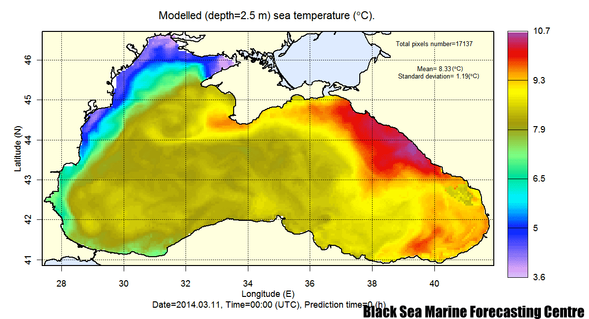 Temperatura modelizada de la superficie del Mar Negro, 11 marzo 2014.