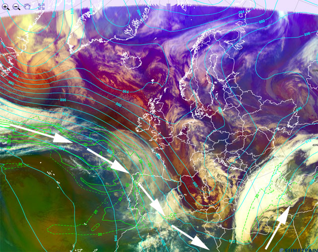Análisis atmosférico del entorno sinóptico, 1 marzo 2014, 06 UTC. Crédito: eumetrain.