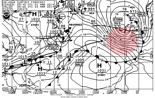 Análisis de superficie del Atlántico Norte previsto para el lunes 3 marzo a las 00 UTC. Crédito: OPC.