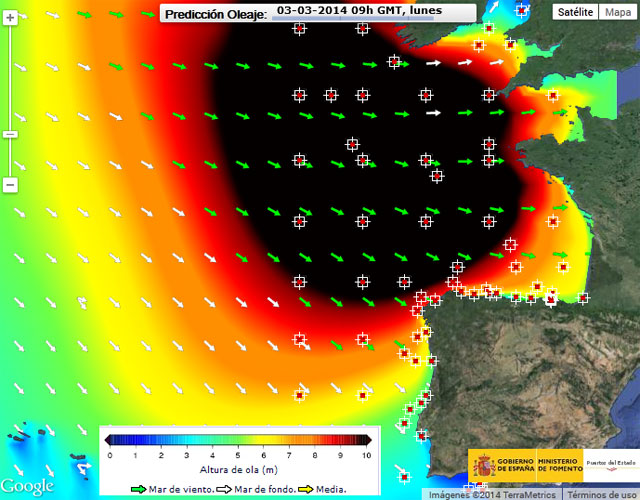 Predicción de oleaje para el lunes, 09 UTC. Crédito: Puertos del Estado.