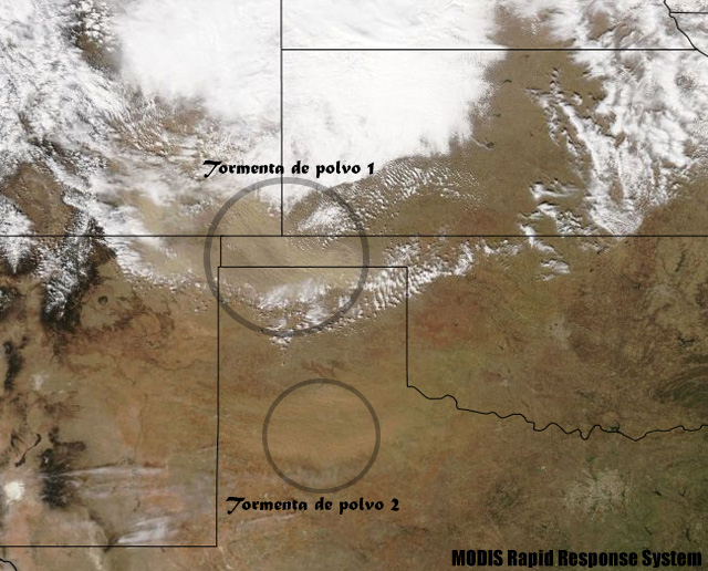 Tormentas de polvo, o haboob, vistas a través del satélite AQUA (sensor MODIS), ayer.