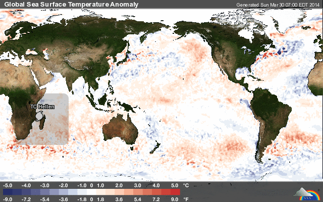 Anomalía de temperatura superficial del océano, global. Crédito: Wunderground.