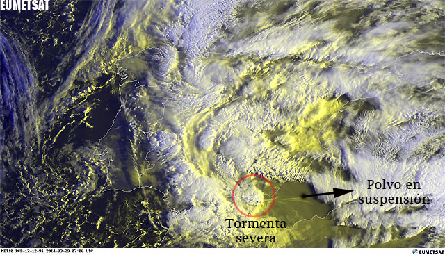 Imagen visible y falso color RGB sobre la Península Ibérica, hoy, 29 marzo 2014, 07 UTC.