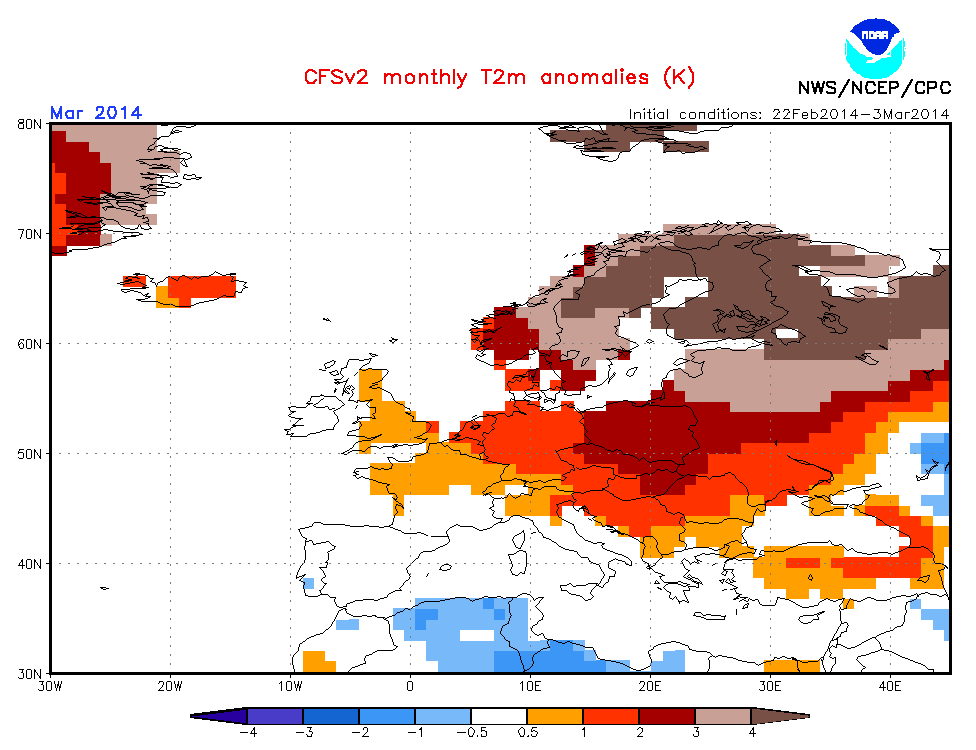 Anomalía de temperaturas para marzo según el modelo CFS.