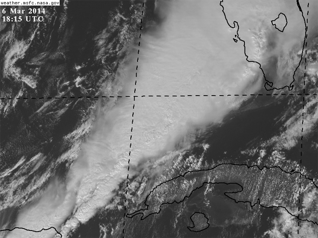 Imagen visible del Sistema Convectivo de Mesoescala formado esta tarde en el GOM.