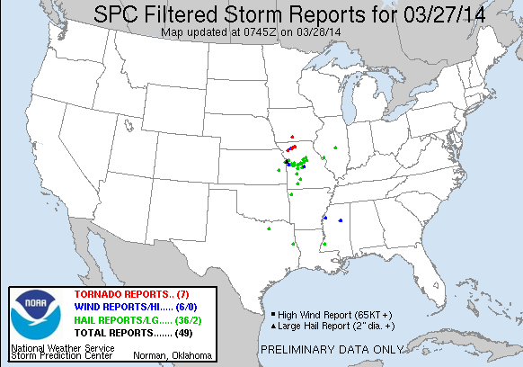 Reportes de Tormentas Filtrados, 27 marzo 2014, Centro de Predicción de Tormentas del NOAA.