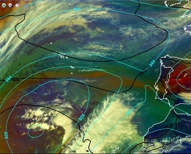 Análisis atmosférico del entorno sinóptico, 12 abril 2014, 12 UTC. Crédito: eumetrain.