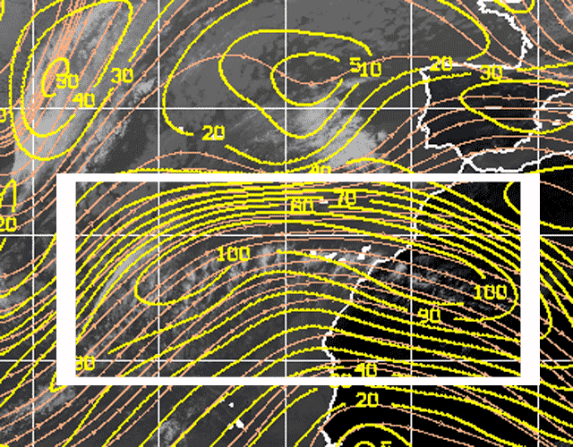Imagen IR + líneas de flujo + cizalladura vertical del viento en nudos (isotacas), hoy a las 15 UTC. Crédito: CIMSS.