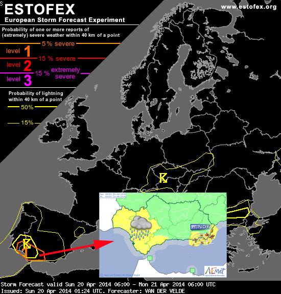 Probabilidad de Tiempo Severo (tormentas) de ESTOFEX y avisos para hoy de AEMET en Andalucía.