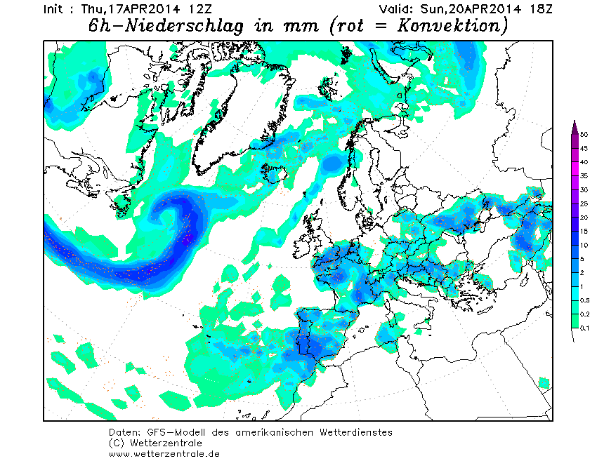 Precipitación acumulada en las 6 h anteriores a la de predicción, domingo 18 UTC. Modelo GFS.