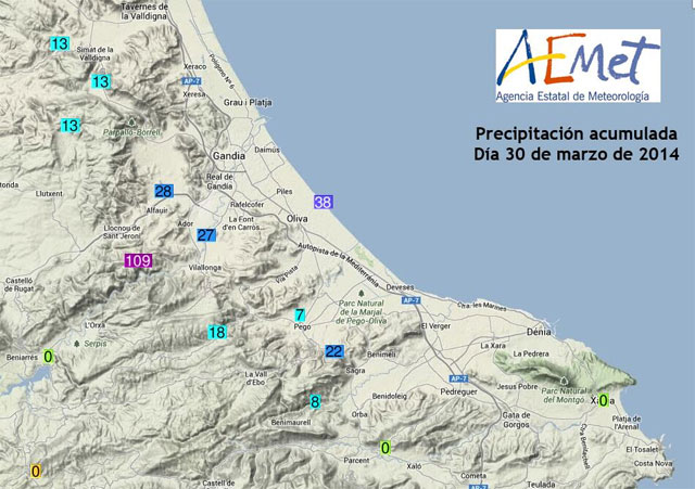 Precipitaciones recogidas en la zona de interés en la jornada del 30 de marzo de 2014. Crédito: AEMET.