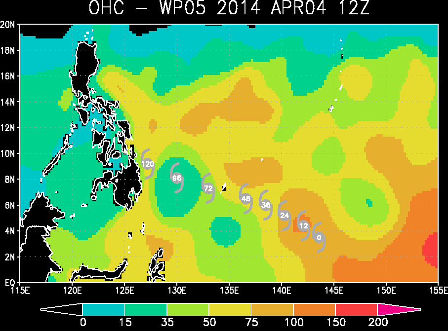 Ocean Heat Content, Contenido de Calor Oceánico, 4 abril 2014, 12 UTC. Crédito: RAMMB/CIRA.