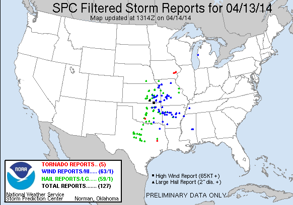 Reportes de Tormentas Filtrados, 13 abril 2014, Centro de Predicción de Tormentas del NOAA.