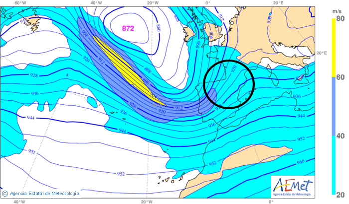 Nivel de 300 hPa: geopotencial y vientos. Modelo HIRLAM, 14 horas locales.