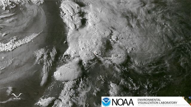 Detalle de las tormentas severas y localización de Vilonia (Arkansas) como "zona cero" de la destrucción.
