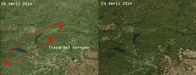 Traza del tornado vista a través del satélite TERRA (MODIS) de la NASA.