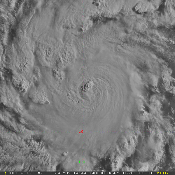 Imagen visible del huracan AMANDA, satélite GOES-15, 14 UTC. Crédito: RAMMB/CIRA