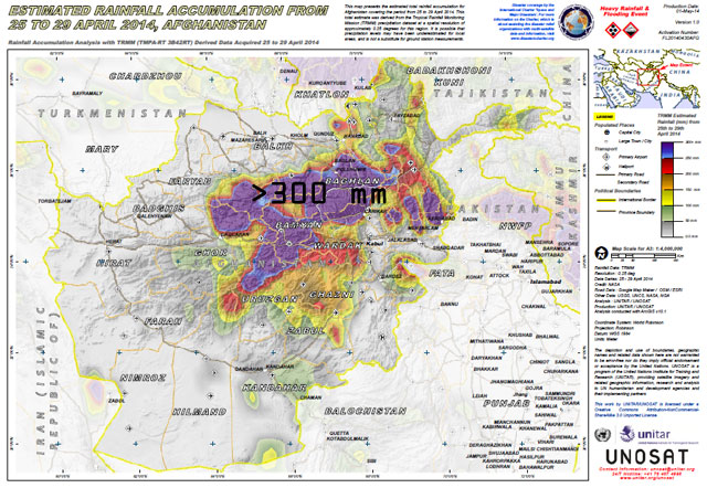 Precipitación acumulada estimada en Afganistán, del 25 al 29 de abril. Crédito: NASA/UNITAR/UNOSAT