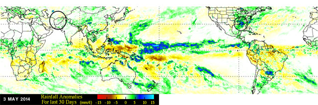 Anomalías de precipitación en los últimos 30 días según datos del TRMM.