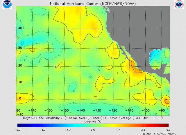 Anomalías de SST en el Pacífico Noreste, 3 mayo 2014.