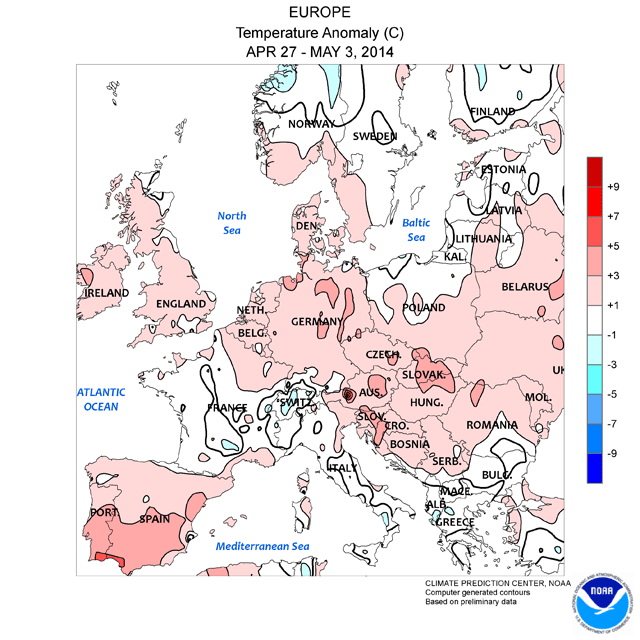 Anomalía de temperatura en Europa en la semana 27 abril a 3 mayo. Crédito: CPC/NOAA.