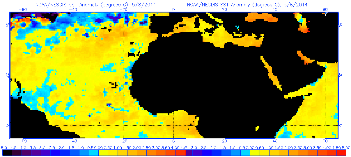 Anomalías de SST en el Atlántico Norte - Mediterráneo, 9 mayo 2014.