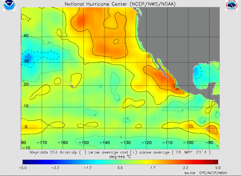 Anomalía de SST en el Pacífico Noreste, 24 mayo 2014.
