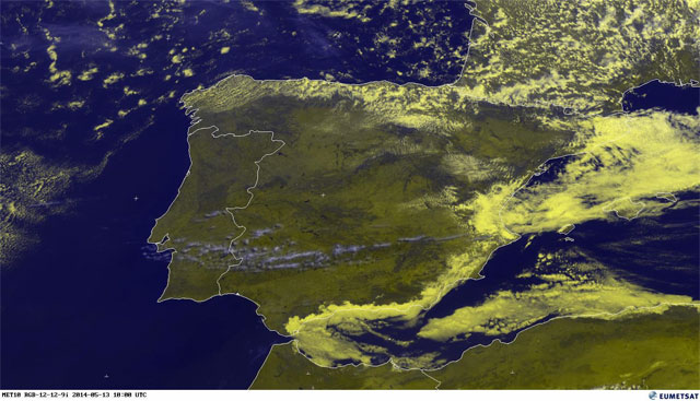 Imagen visible y falso color RGB sobre la Península Ibérica, hoy, 13 mayo 2014, 10 UTC.