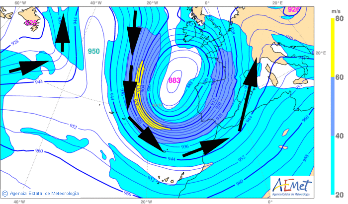 300 hPa: geopotencial en líneas azules y viento en colores, previsión para mañana a las 12 UTC. Modelo HIRLAM.