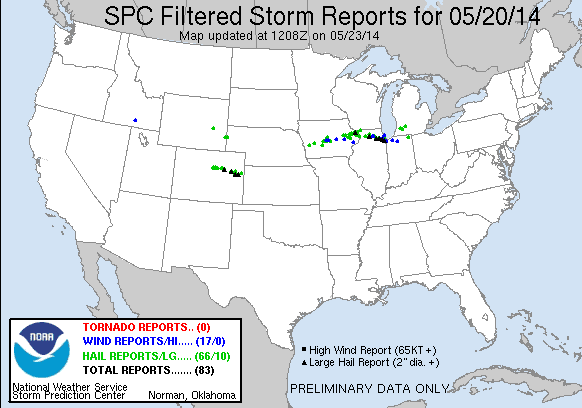 Reportes de Tormentas Filtrados, 20 mayo 2014, Centro de Predicción de Tormentas del NOAA.