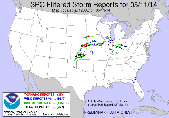 Reportes de Tormentas Filtrados, 11 mayo 2014, Centro de Predicción de Tormentas del NOAA.