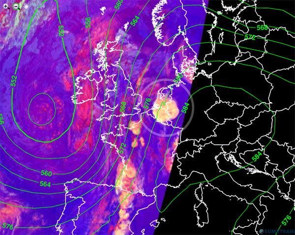 18 UTC, 9 junio 2014, imagen infrarroja (modo microfísica diurna) + geopotencial de 500 hPa. Crédito: eumetrain.